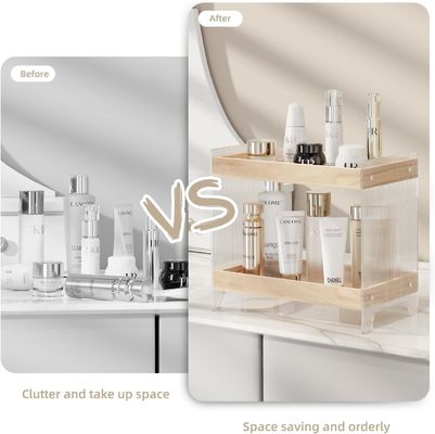 Organizador de perfumes de maquillaje no plegable con bandeja de madera y estante de cosméticos acrílicos