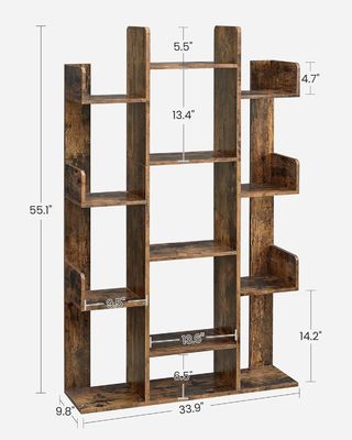 Estante de libros en forma de árbol de madera maciza con 13 estanterías de almacenamiento 9.8D x 33.9W x 55.1H pulgadas