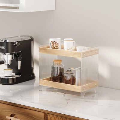 Organizador de perfumes de maquillaje no plegable con bandeja de madera y estante de cosméticos acrílicos