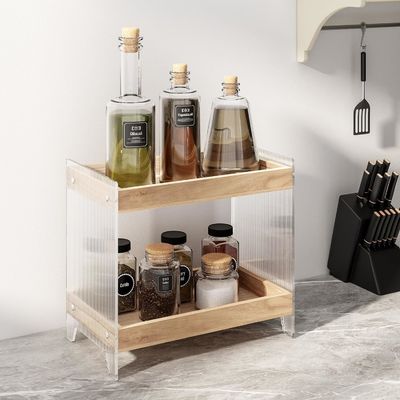 Organizador de perfumes de maquillaje no plegable con bandeja de madera y estante de cosméticos acrílicos