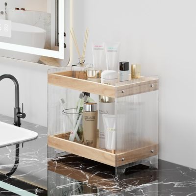 Organizador de perfumes de maquillaje no plegable con bandeja de madera y estante de cosméticos acrílicos