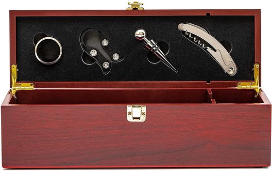 Juguete industrial de bambú botella de vino única estuche de regalo de madera con 4 herramientas esenciales