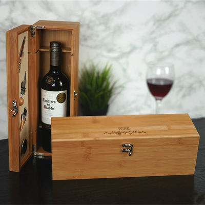 Juguete industrial de bambú botella de vino única estuche de regalo de madera con 4 herramientas esenciales