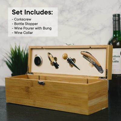 Juguete industrial de bambú botella de vino única estuche de regalo de madera con 4 herramientas esenciales