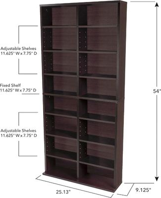 12 estanterías ajustables y 4 estanterías fijas en color de madera de pino