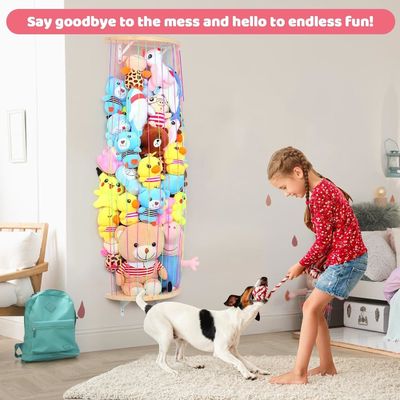 Diseño de medio círculo de madera, organizador de juguetes de peluche colgantes para el almacenamiento de animales rellenos