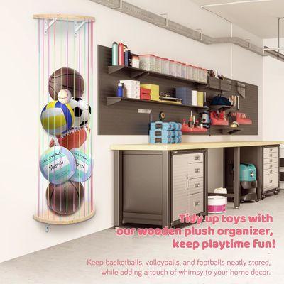 Diseño de medio círculo de madera, organizador de juguetes de peluche colgantes para el almacenamiento de animales rellenos