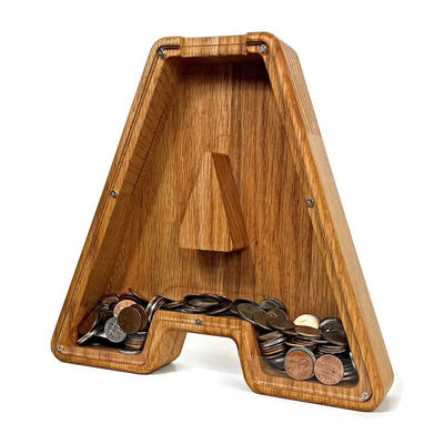 Carta inglesa Banco de cerdo de madera Banco de dinero personalizado de 1,75 pulgadas de espesor