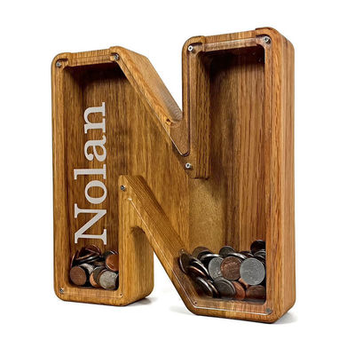 Caja de dinero grande con logotipo personalizado de alfabeto personalizado Banco de cerdo de madera aceptado