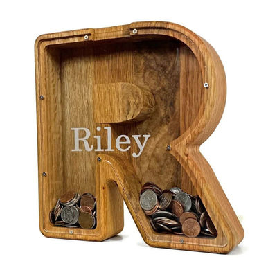 Caja de dinero grande con logotipo personalizado de alfabeto personalizado Banco de cerdo de madera aceptado