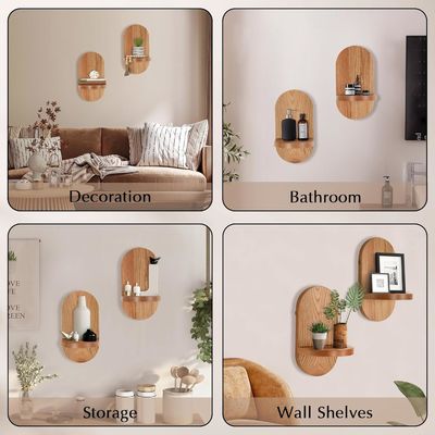 Diseño funcional de estanterías flotantes de madera para pantallas de oficina en el hogar