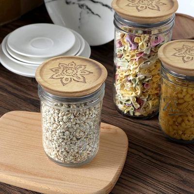 Contenedores de frascos de vidrio de alto borosilicato de 6pcs con tapa de madera de color plano y tapa de bambú