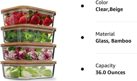 Contenedores de almacenamiento de alimentos de vidrio de 4 paquetes con tapas de bambú