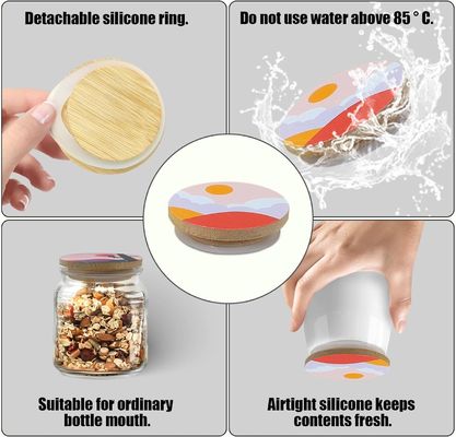 8 Anillos de sellado de silicona de tamaño personalizado con patrones coloridos de boho y tapas de bambú