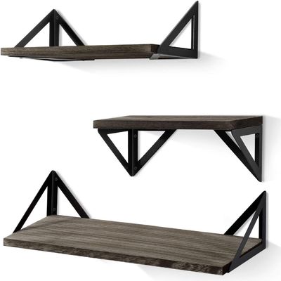 Diseño moderno Estantes de pared de madera de metal negro Estante de almacenamiento de madera flotante para el baño