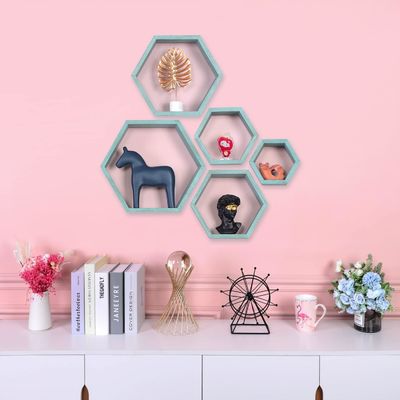Almacenamiento de la granja de madera panal de miel Estante de pared montado en la pared Conjunto de 5 estanterías flotantes hexagonales