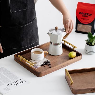 Manijas de latón rústico de nuez Mesa de café de madera bandeja para postres Pasteles Tazas de té hechas a mano