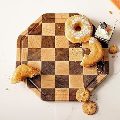 12X12X0.8 pulgadas de madera de acacia de corte octagonal tabla de servicio personalizado con ranura de jugo