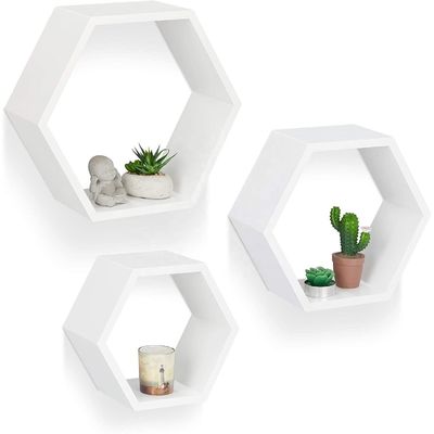 Estante de pared hexagonal tallada en madera para la organización de la decoración del hogar de la granja rústica