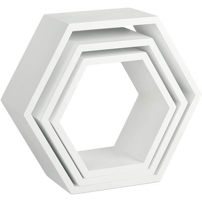 Estante de pared hexagonal tallada en madera para la organización de la decoración del hogar de la granja rústica