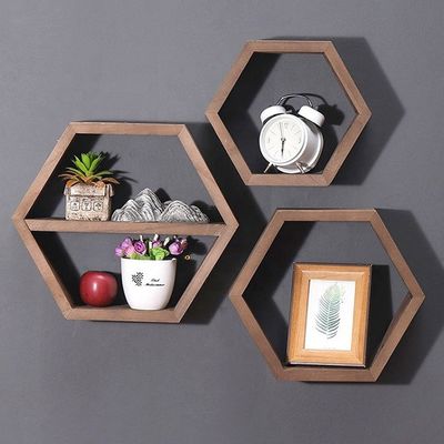 Estantes de pared de madera de forma hexagonal geométrica para el organizador de oficinas de estilo moderno simple