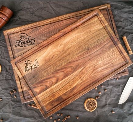 Logotipo personalizado aceptable 1,75 grueso Gran tabla de corte de nuez con ranura de jugo