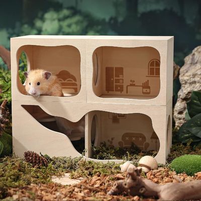 Casa de madera respirable para animales pequeños Cámara personalizable para ocultarse y explorar