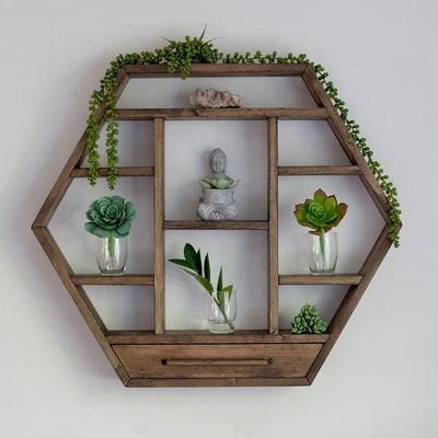 Decoración para el hogar Madera maciza Hexágono Montado en la pared Estante flotante Estantes de almacenamiento de madera