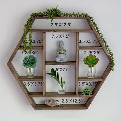 Decoración para el hogar Madera maciza Hexágono Montado en la pared Estante flotante Estantes de almacenamiento de madera