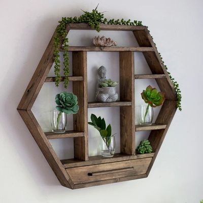 Decoración para el hogar Madera maciza Hexágono Montado en la pared Estante flotante Estantes de almacenamiento de madera