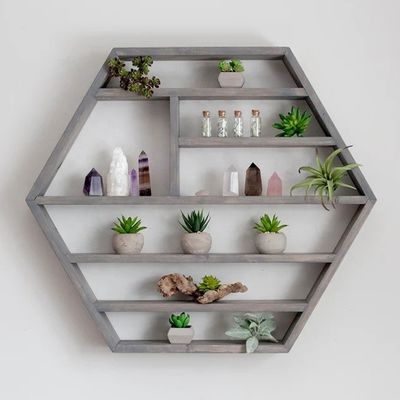 Decoración para el hogar Madera maciza Hexágono Montado en la pared Estante flotante Estantes de almacenamiento de madera