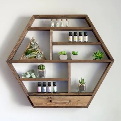 Decoración para el hogar Madera maciza Hexágono Montado en la pared Estante flotante Estantes de almacenamiento de madera