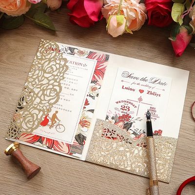 Europa Invitaciones de bodas de bolsillo de rosa hueca cortada con láser con sobres y tarjetas RSVP