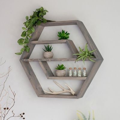 Estante flotante de madera maciza hexagonal Diseño moderno para dormitorio Sala de estar y cocina