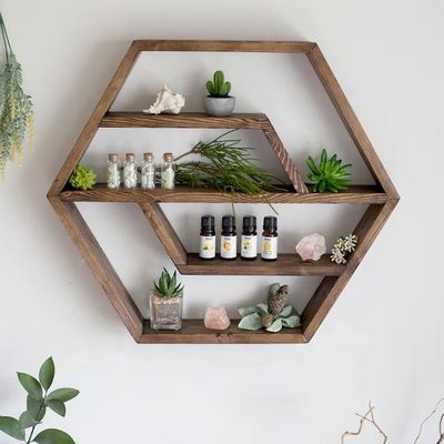 Estante flotante de madera maciza hexagonal Diseño moderno para dormitorio Sala de estar y cocina