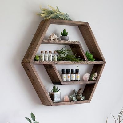 Estante flotante de madera maciza hexagonal Diseño moderno para dormitorio Sala de estar y cocina