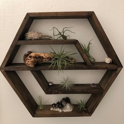 Estante flotante de madera maciza hexagonal Diseño moderno para dormitorio Sala de estar y cocina