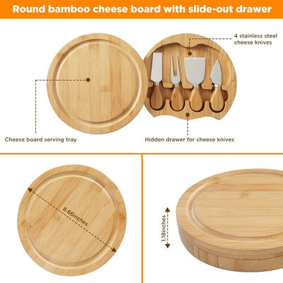 Tablero de queso de bambú con logotipo personalizado y 4 cuchillos de corte de acero inoxidable de tamaño personalizado