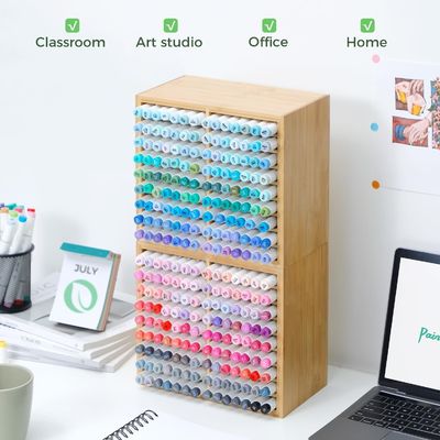 Almacenamiento de escritorio de madera contiene 126 marcadores 48 colores pastel en organizador de marcadores de bambú