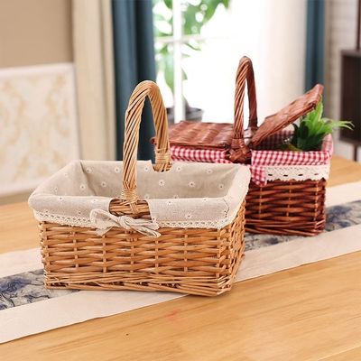 Viento Rural Cubo tejido a mano Vibración de jardín Cestas de almacenamiento de picnic con mango 30x20x15cm