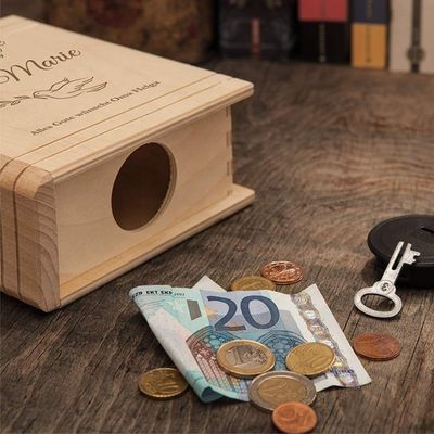 Impresión en serigrafía/Logo quemado Caja de ahorro de dinero de madera para niños en forma de libro personalizado