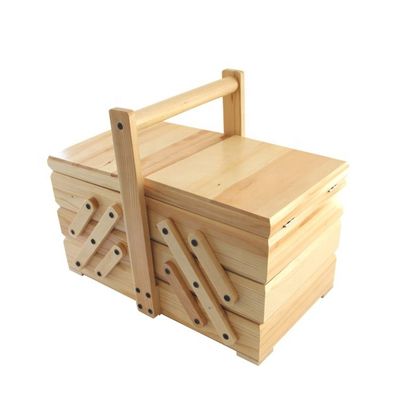 Caja de kit de costura de madera plegable personalizada para artesanías en el hogar e impresión de diseños quemados