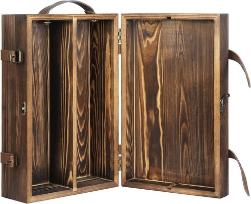 Caja de vino de botella doble personalizada de 34x20x10 cm con tapa cerrada y mango de cuero