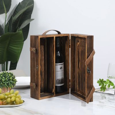 Caja de vino de botella doble personalizada de 34x20x10 cm con tapa cerrada y mango de cuero