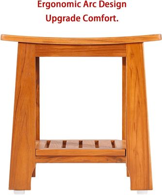 Banquillo de madera con mango y estante de madera de teca de color natural