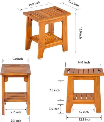 Banquillo de madera con mango y estante de madera de teca de color natural