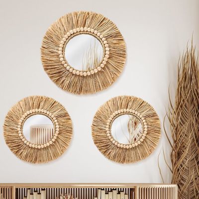 Boho Raffia Espejo Decoración colgante de la pared Rustico Espejos redondos Espejos de la granja Estética