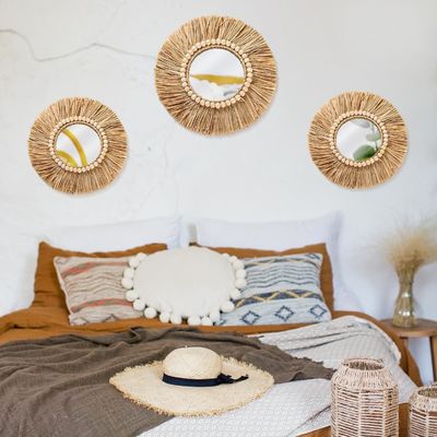 Boho Raffia Espejo Decoración colgante de la pared Rustico Espejos redondos Espejos de la granja Estética