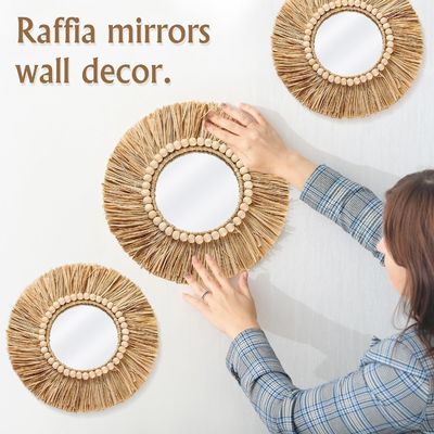 Boho Raffia Espejo Decoración colgante de la pared Rustico Espejos redondos Espejos de la granja Estética
