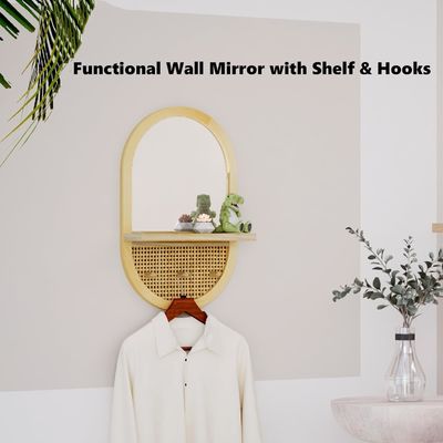 Baño dormitorio entrada Salón de estar Espejos decorativos Espejo de pared con estante y ganchos de abrigo Enmarcado en madera